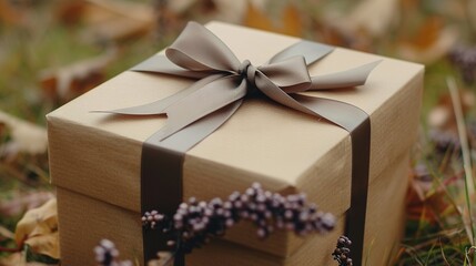   A close-up photo of a gift box resting on the ground with a bow tied around its top
