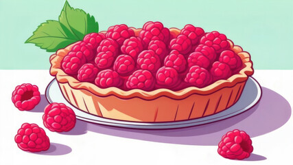 illustration of raspberry pie on white table, raspberries near plate, homemade vitamin cake with fresh berries, close-up, soft focus, art, picture