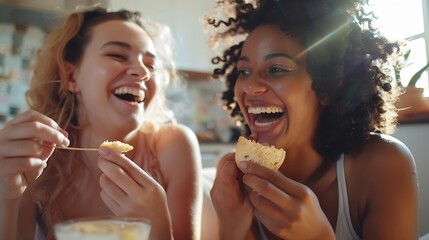 Female friends having fun and enjoying snacks at home : Generative AI