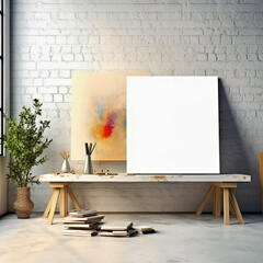 Empty painting canvas mockup in artistic environment