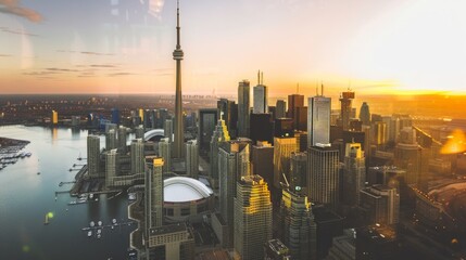 Toronto skyline at sunset with iconic CN Tower, skyscrapers and Lake Ontario, showcasing the city's architecture against a vibrant, colorful sky.