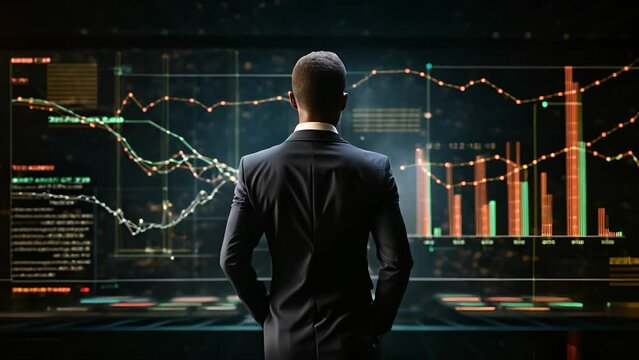 Explore the stock market trends with analytical visuals of businessman planning long term investments and future business growth, Navigate towards success with smart strategies	