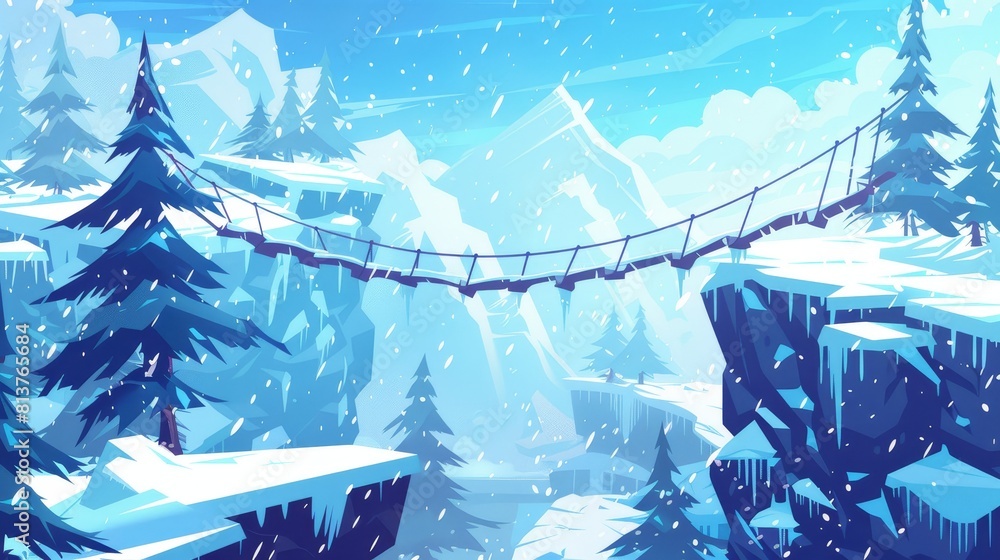 Poster the background of a parallax game features a layered landscape with mountains suspended by ropes ove