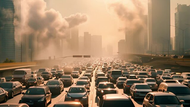 Long line of cars on the road during the city's rush hour, exhaust pollution, and environmental problems. Urban traffic congestion and pollution	