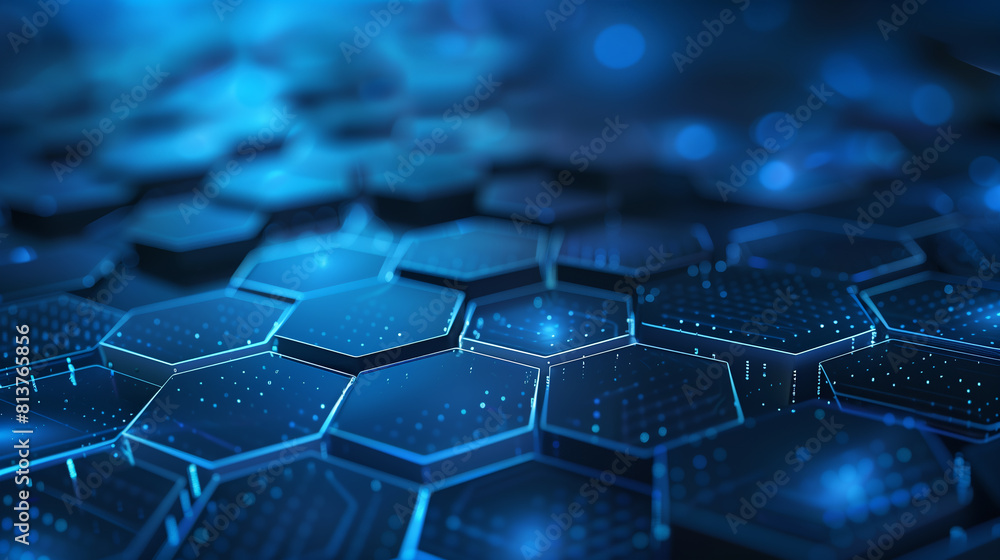 Poster a blue background with a pattern of hexagons