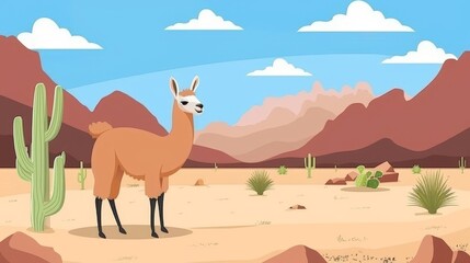 Guanaco in the Mexican desert with red mountains, sand, and cactuses. Modern cartoon illustration of rocks, cacti, and a funny llama.