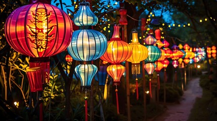 Festive Chinese New Year lantern festival illuminating the night with a dazzling display of lanterns in various shapes, sizes, and colors, .