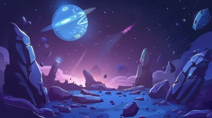 Fototapeta premium Space planets cartoon landing pages. Futuristic satellite, meteor, asteroid in dark starry sky. Galaxy, universe fantasy travel, computer game interface, modern web banners.