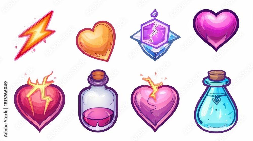 Poster an icon set of heart, lightning, and potion bottle icons with progress bar. ui design elements for c