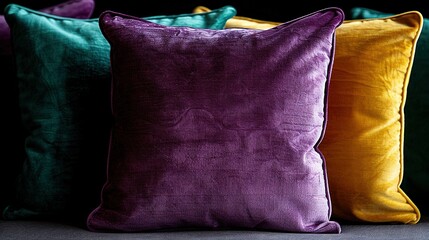   A close-up of a variety of colorful pillows arranged on a couch's backrest