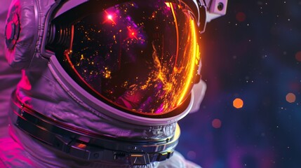 A close-up of an astronaut helmet reflecting a vivid cosmic scene with stars and possibly a galactic phenomenon, evoking a sense of space exploration and wonder.