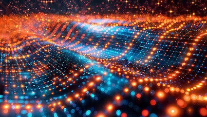 Fototapeta premium A dynamic network of glowing dots and lines forming a wave pattern, embodying the essence of data flow and digital connectivity in a cybernetic space.