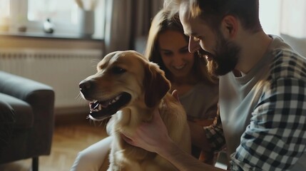 At Home Happy Couple Play with Their Dog Gorgeous Brown Labrador Retriever Boyfriend and Girlfriend...