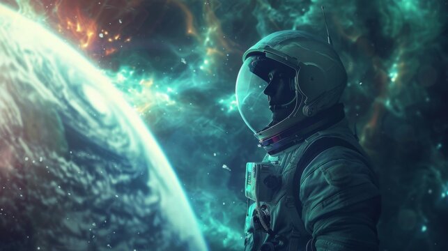Astronaut in space suit against a cosmic backdrop with stars, nebulae, and a swirling galaxy, suggesting a scene of deep-space exploration or science fiction.