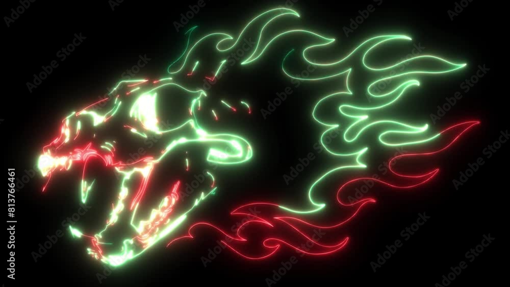 Sticker neon animation of tiger skull with flames