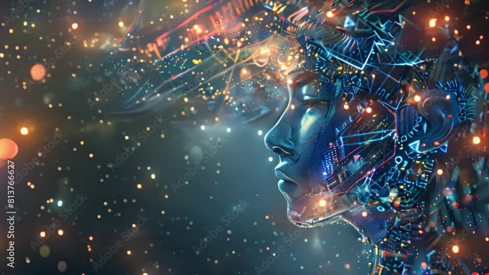 Poster a side profile of a human head integrated with advanced technology and electronic circuitry elements