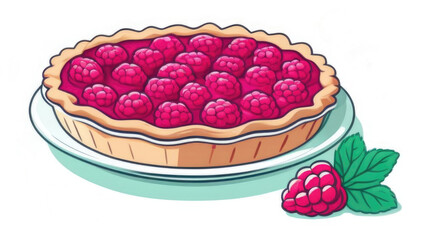 illustration of raspberry pie on white background, raspberry near plate, homemade vitamin cake with fresh berries, close-up, soft focus, art, picture