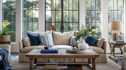 A living room with large windows a wooden coffee table and sofa in beige fabric with blue cushions in a contemporary interior design style 