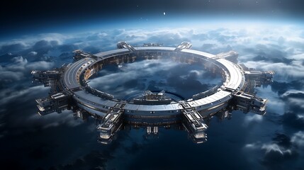 A futuristic space station orbiting Earth