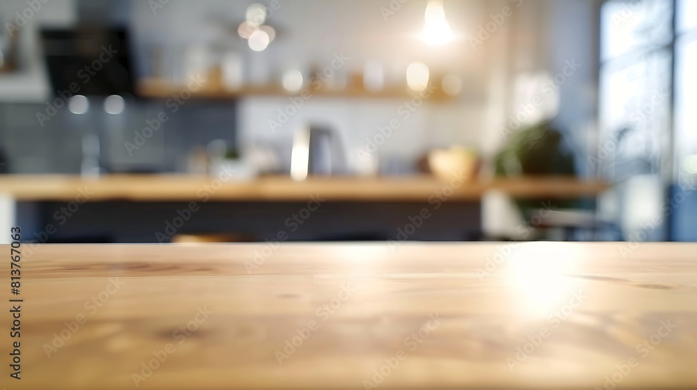 Poster empty beautiful wood table top counter and blur bokeh modern kitchen interior background in clean an