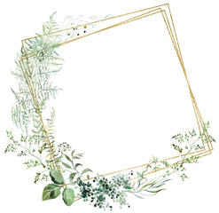 Frame with watercolor pastel wild flowers and leaves,  hand drawn wedding illustration