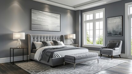 The bedroom is decorated in a modern style with gray walls, white trim, and a gray rug on the floor