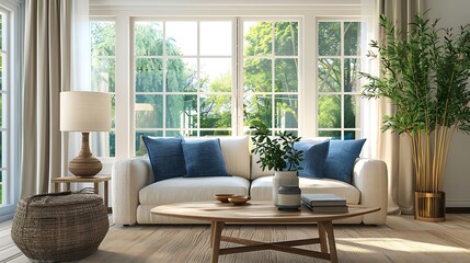 A living room with large windows a wooden coffee table and sofa in beige fabric with blue cushions in a contemporary interior design style 