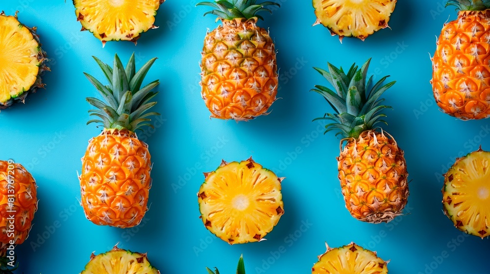 Wall mural ai generated illustration of pineapple patterns on a blue background