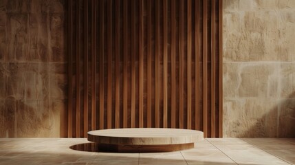 Wooden podium. 3D wooden stand for product presentation. Empty platform against the background of vertical slats on the wall. Modern minimalistic studio interior with a stage for the jewelry sphere.