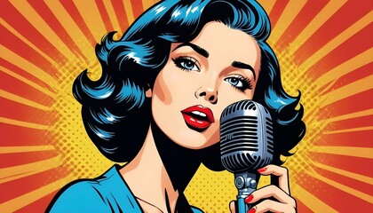 Create a pop art girl with a retro style microphon upscaled 8