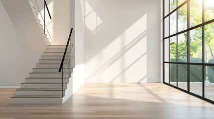 Contemporary home with minimal furnishings and decor light wood floor stairs white walls large...
