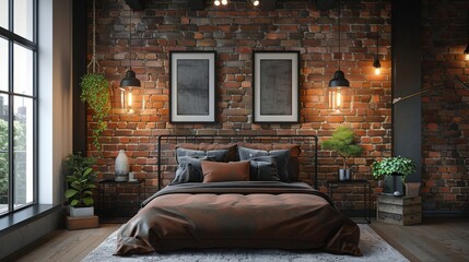 The cozy bedroom is decorated with brick walls, wooden floors, and warm lighting. A comfortable bed with soft pillows and blankets invites you to relax and unwind.