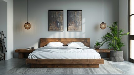 The description for the image is:..A bedroom with a large wooden bed, two bedside tables, and a plant in the corner