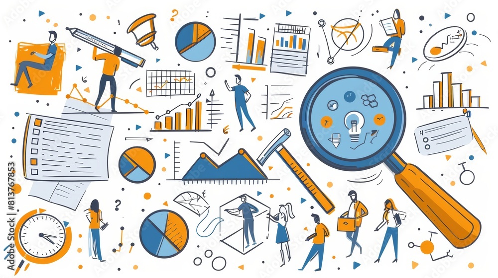 Poster People researching analytics on dashboard with graphs and charts. Modern icons of statistic analysis, database work, and information report with diagrams and magnifying glasses.