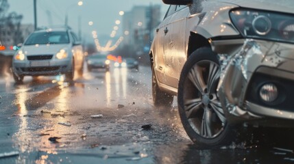 A damaged car after an accident on a wet city street with debris scattered around and other vehicles in the background during evening traffic.