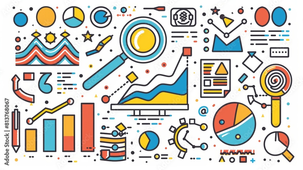 Poster Analyzing analytics on a dashboard with graphs and charts. Modern doodles of statistical analysis, working with databases, and analyzing information reports with diagrams.