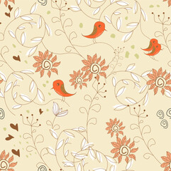 Floral seamless pattern in retro style. Seamless floral pattern with birds in love with a retro style
