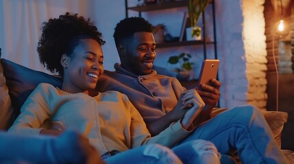 Obraz premium Couple Use Smartphone Device while Sitting on a Couch in the Cozy Apartment Boyfriend and Girlfriend Talk do eShopping on Internet Watching Funny Videos Use Social Media Streaming Serv : Generative AI