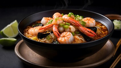 Fototapeta premium Spicy korean ramyoen with seafood in black bowl. Ai Generative.
