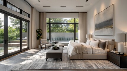 The image shows a modern bedroom with a large bed, a sitting area, and a view of the outdoors. The room is decorated in neutral colors and has a minimalist style.