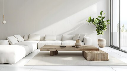 A minimalist modern living room with white walls wooden coffee table and large sofa 