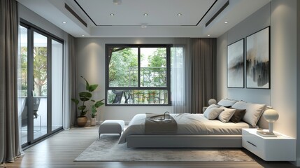 The image shows a modern bedroom with a large bed, two bedside tables, a bench, and a large window