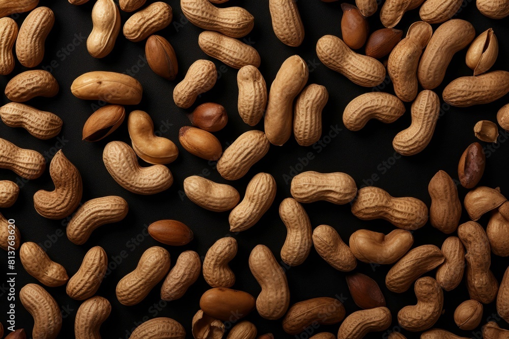 Poster top view of various whole nuts scattered on a dark, textured surface, creating a natural pattern