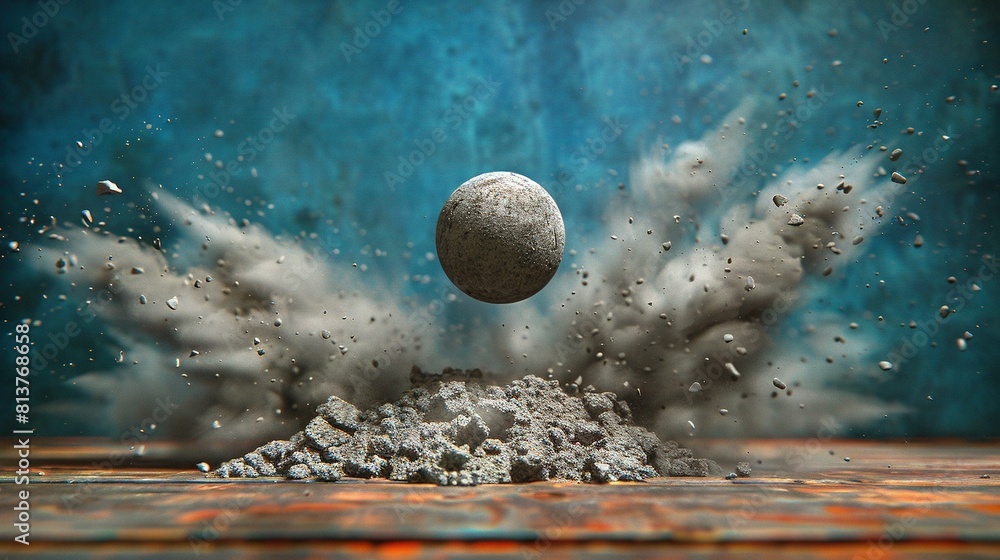 Poster an image of an object hovering over a pile of dirt and stones on a wooden table with a blue backgrou