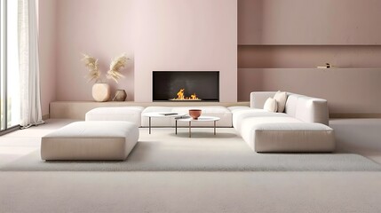 A minimalist modern living room with light pink walls a white sofa and fireplace and beige carpet 