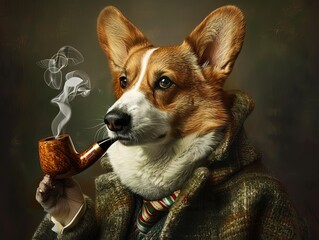 corgi in tweed smoking pipe.