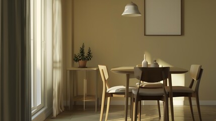 Modern interior design of apartment dining room with table and chairs empty living room with beige wall panorama : Generative AI