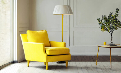 yellow armchair in the room, chair, design, furniture, interior