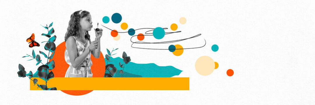 Monochrome image of little girl playing with soap bubbles on white background with abstract colorful elements. Contemporary art collage. Concept of Happy Childrens Day, holiday, childhood. Poster, ad