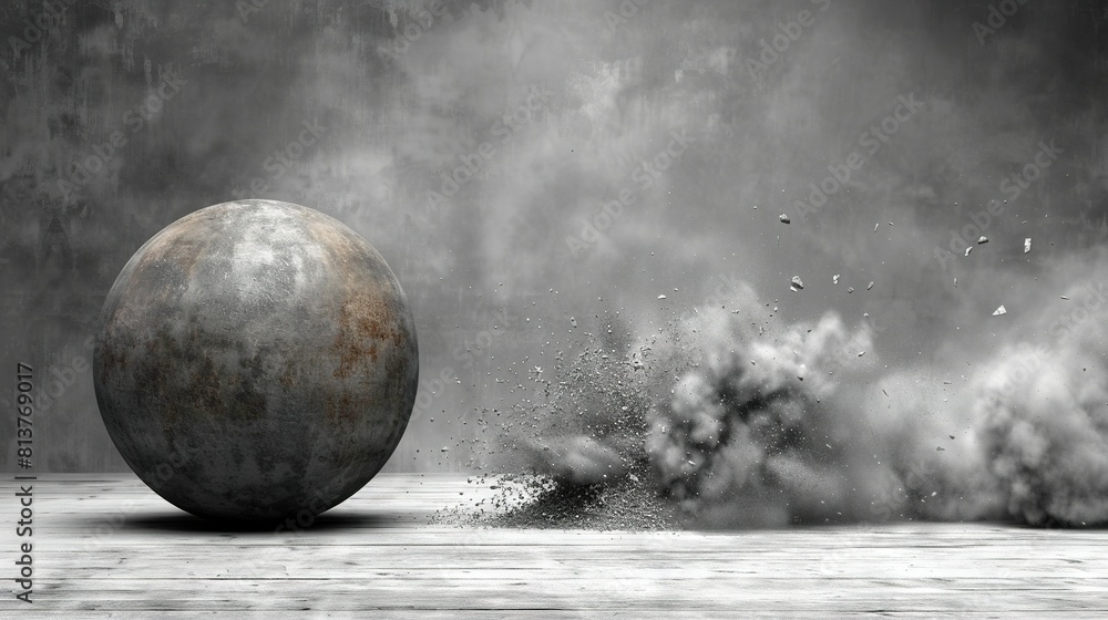 Poster a monochrome image depicts a substantial spherical object surrounded by hazy fumes in an enclosed ar